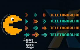 Imagem remetendo a um vídeo-game, acompanhada pela palavra teletrabalho