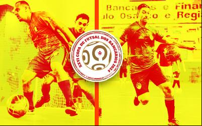 Imagem de partidas de futsal, em tons de amarelo, acompanhadas do logo da XXVI Copa de Futsal dos Bancários