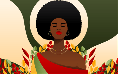Arte em desenho de uma mulher negra com cabelo "black power" e roupa em estilo africano