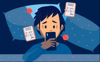 Imagem em desenho mostra um homem deitado em uma cama, com semblante adoecido, diante de um telefone celular de onde estão projetadas pequenas miniaturas documentos onde se lê "exame de retorno", ao lado dele, dois emojis de "raiva"