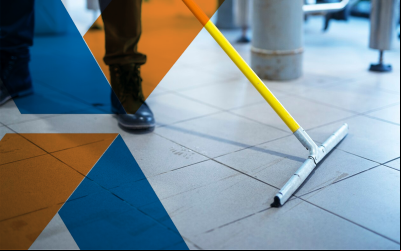 Imagem mostra um piso sendo limpo com um rodo e, sobre o lado esquerdo da imagem o "X" do logo da Caixa