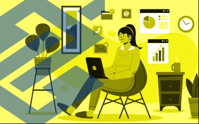 Imagem em desenho composta de uma mulher trabalhando em home-office ao lado de um logo do banco do brasil em tamanho grande