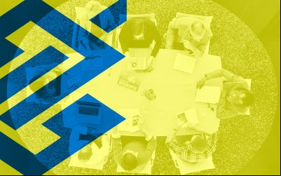 Imagem em tons de amarelo, acompanhada do logo do BB, de pessões em reunião