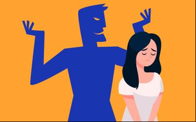 Desenho representa uma mulher sofrendo com semblante triste e postura contrangida diante de homem que pratica assédio contra ela