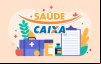 Imagem composta do logo do saúde Caixa e, em torno deles, elementos como uma prancheta, uma mala de médico, uma maçã, uma laranja e frascos de remédio