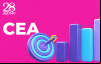 Ilustração da palavra CEA, acompanhada de um gráfico e um alvo, em fundo rosa