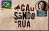 Arte mostra rosto da diretora de cinema Tata Amaral com cabelo curto e preto , num quadro de fundo marrom claro com letras vermelhas e azuis escrito Causando na rua