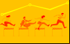 Imagem em desenho mostra pessoas pulando sobre obstáculos, acima delas, um gráfico em linha indicando alta. a imagem tem o fundo laranja