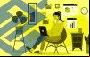Imagem em desenho composta de uma mulher trabalhando em home-office ao lado de um logo do banco do brasil em tamanho grande
