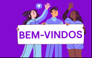 Ilustração de três pessoas segurando uma placa escrito "bem-vindos"